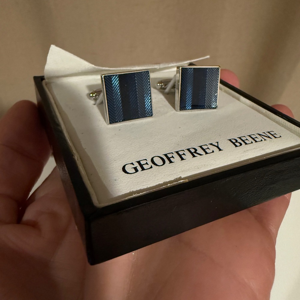 Geoffrey‎ Beene Medal Man Square Blue Stripe Cufflinks Gift Boxed Men